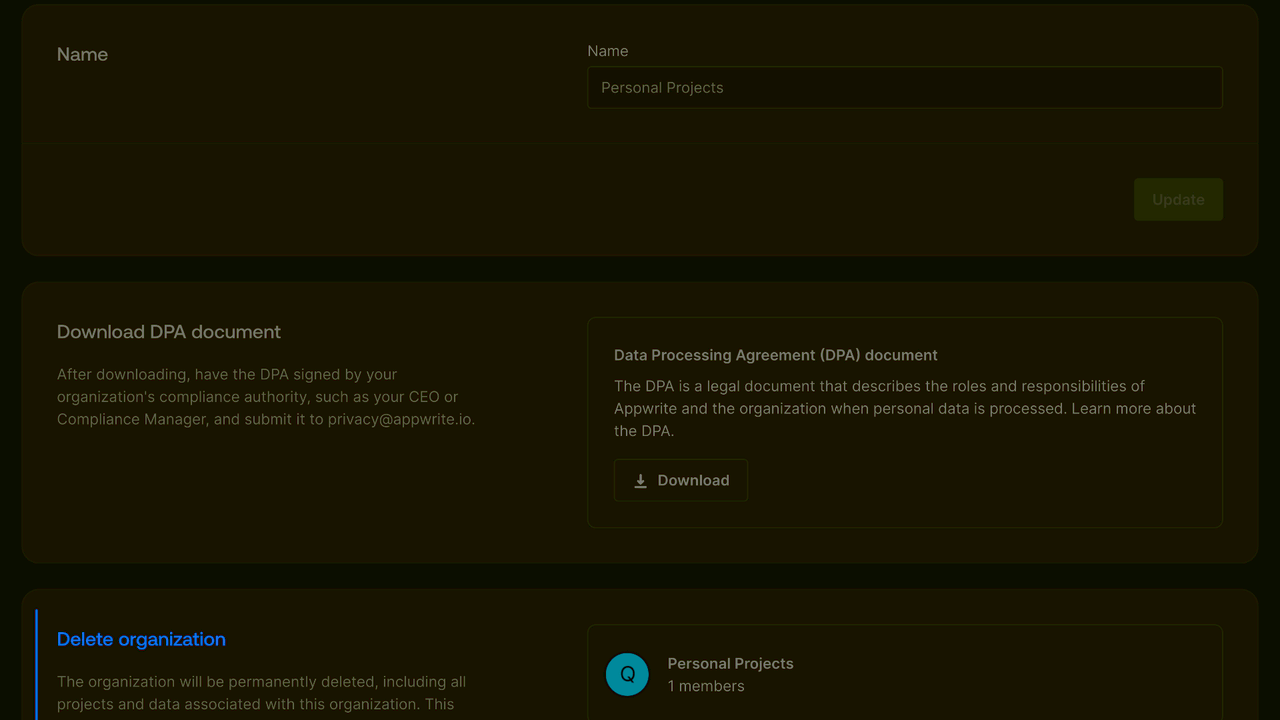 Project settings screen