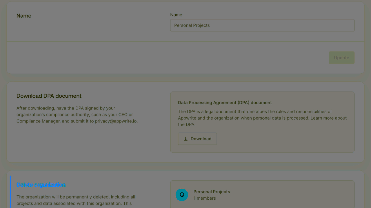 Project settings screen