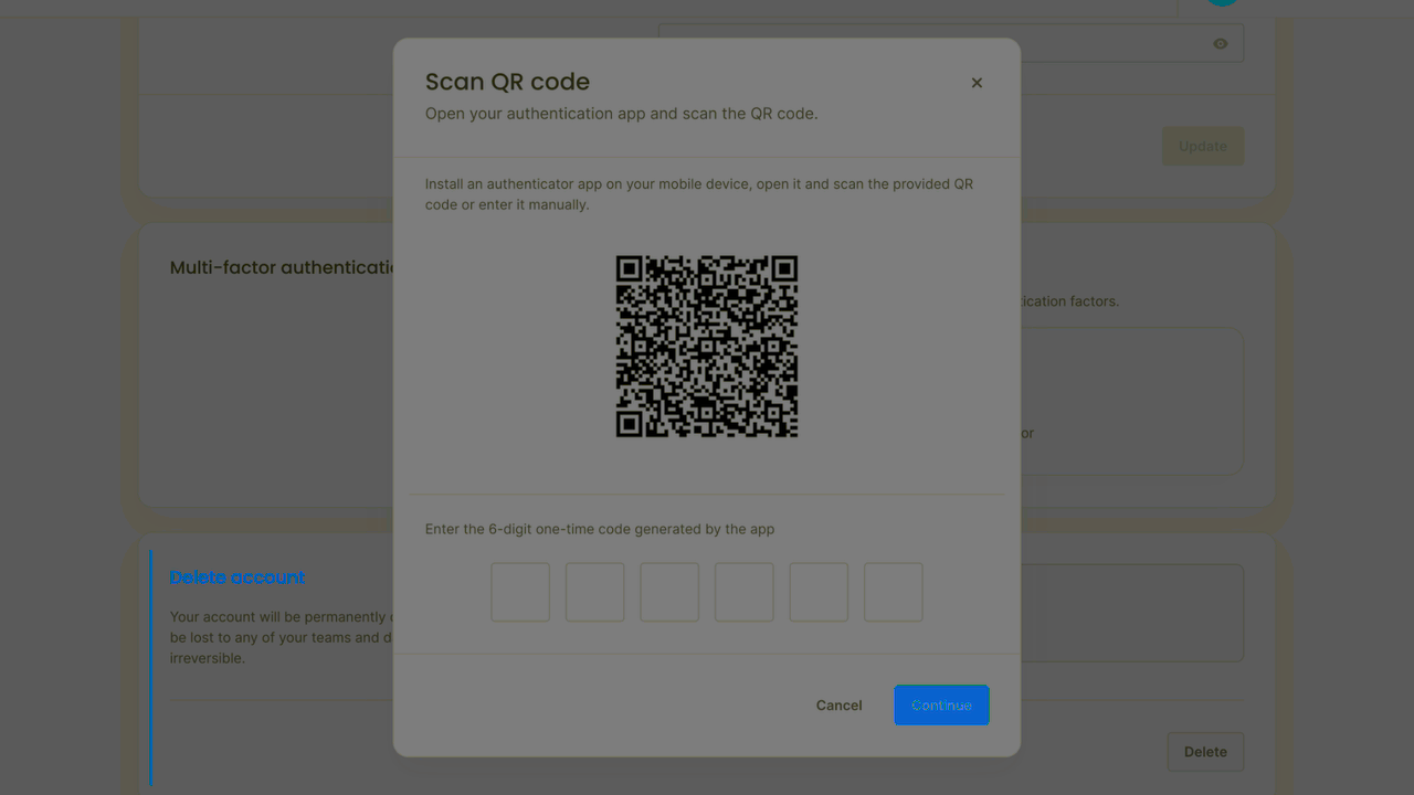Multi-factor authentication modal