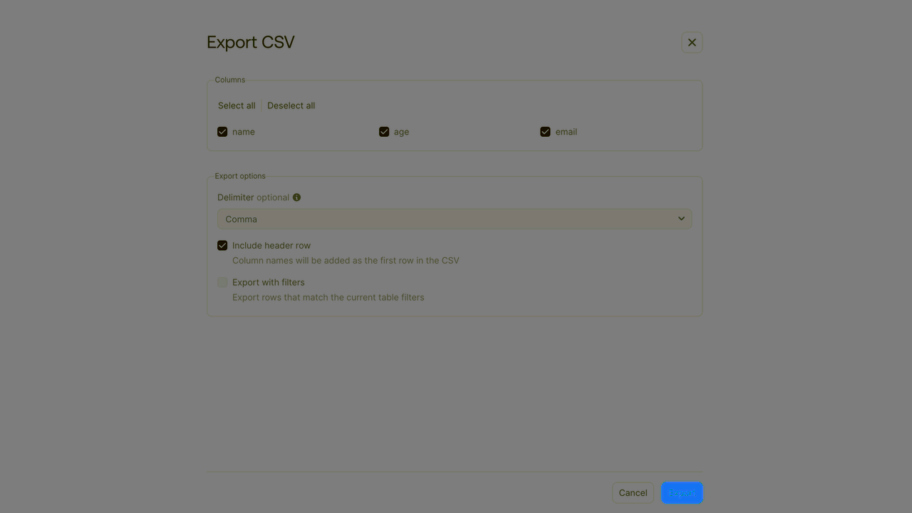 CSV export screen