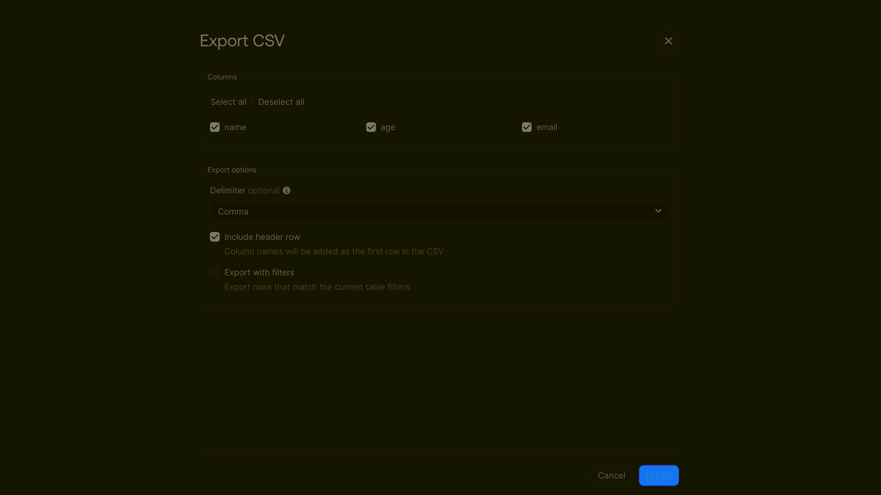 CSV export screen