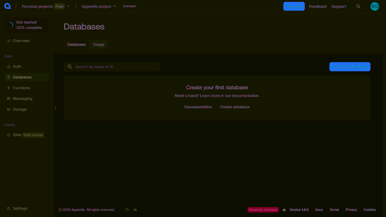 Create databases screen