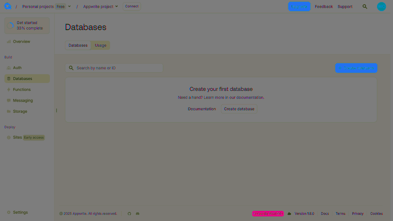 Create databases screen