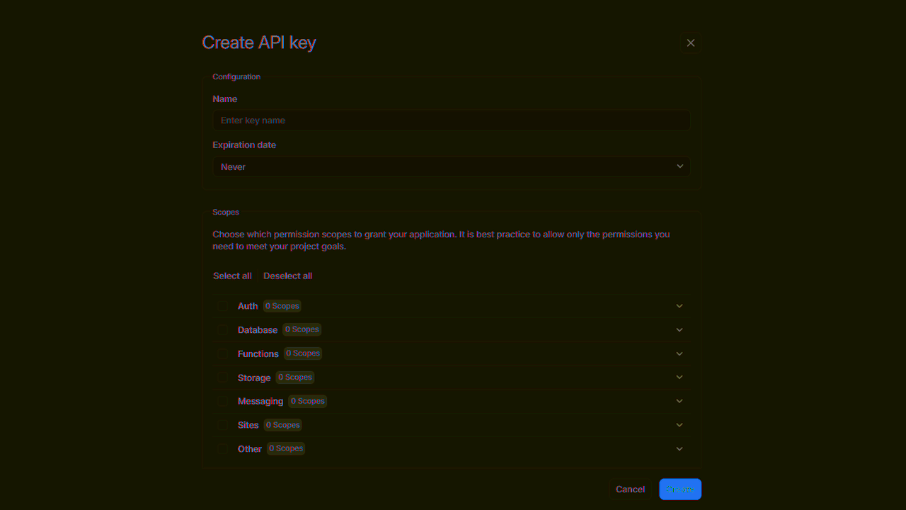 Create project screen