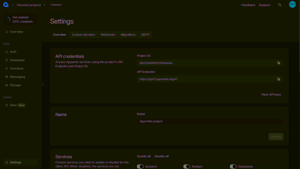 Project settings screen