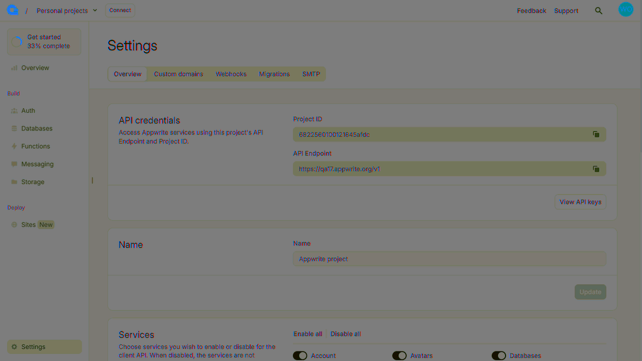 Project settings screen