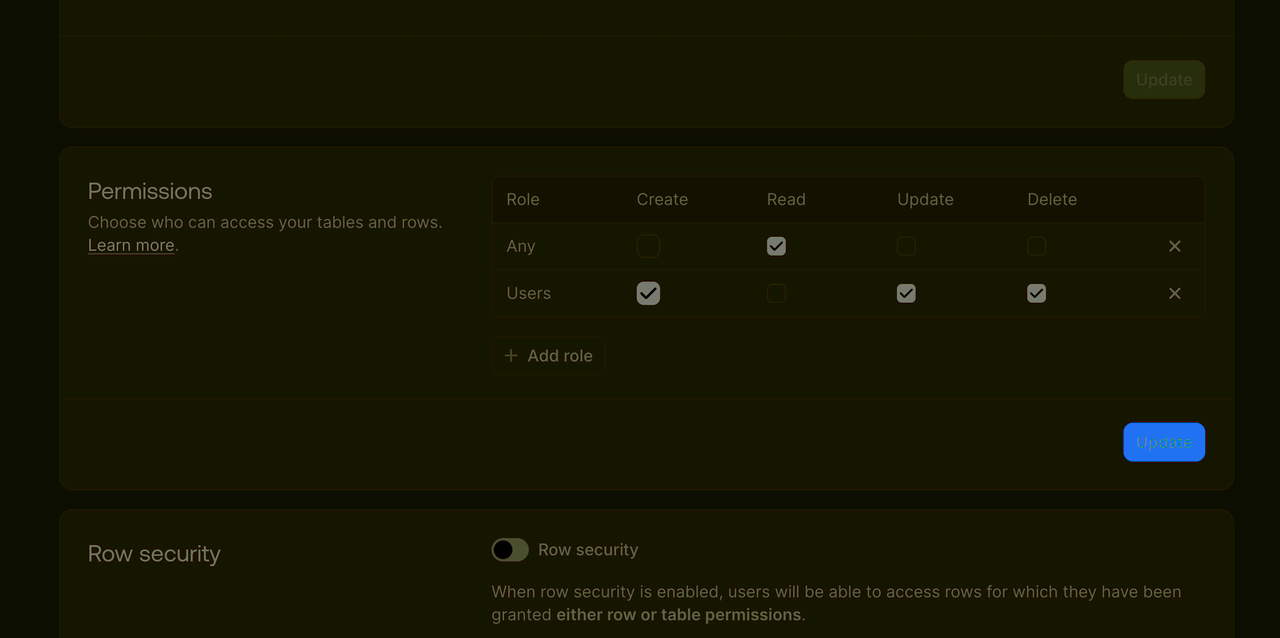 Table permissions screen