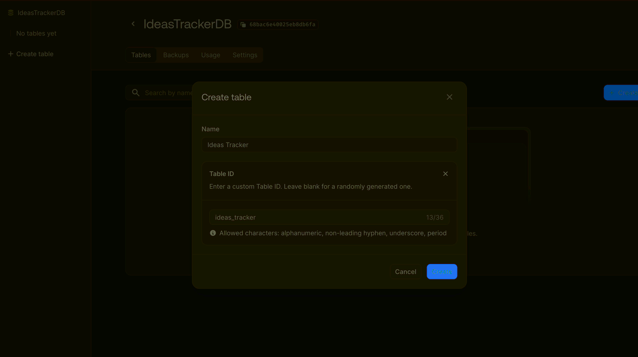 Create project screen