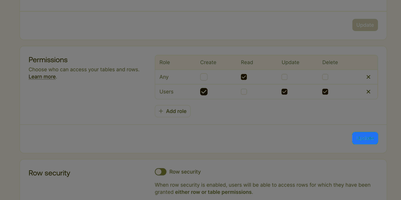 Table permissions screen