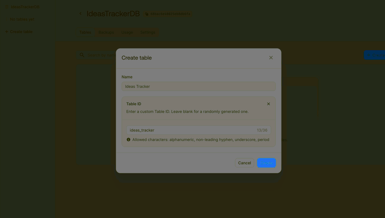 Create project screen