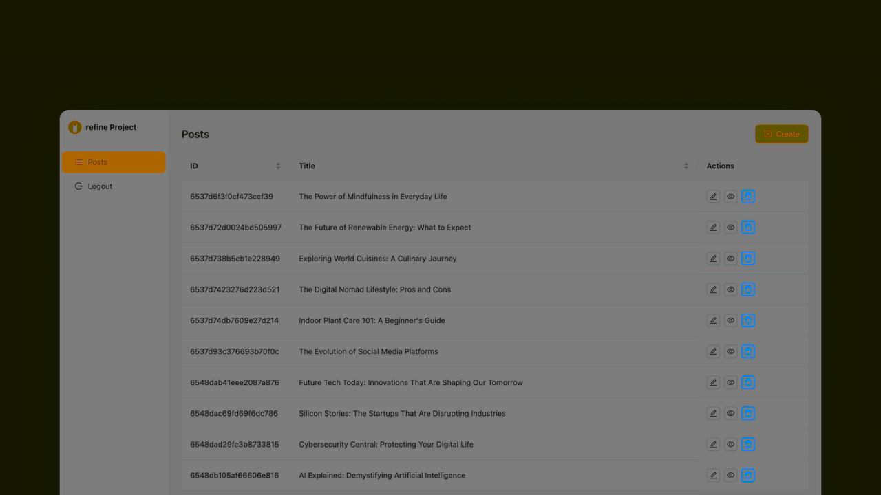 Create project screen