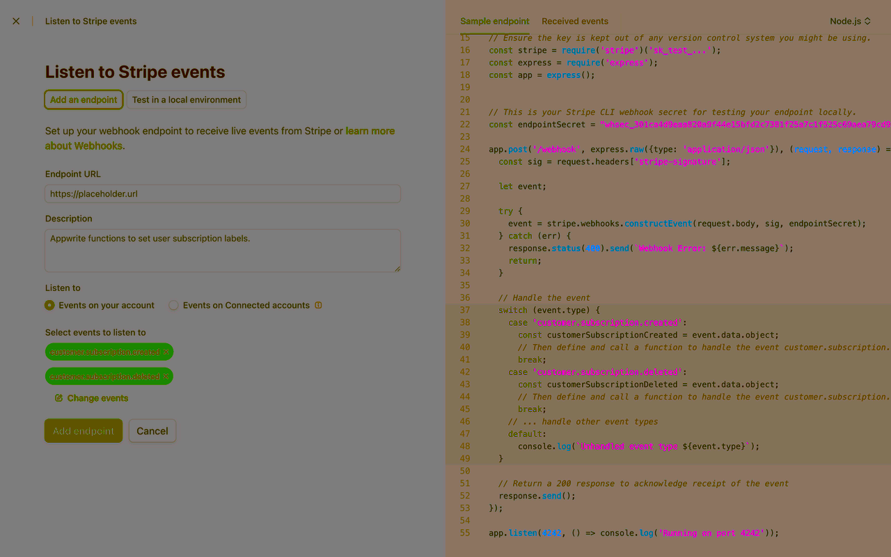 Stripe webhook setup screen